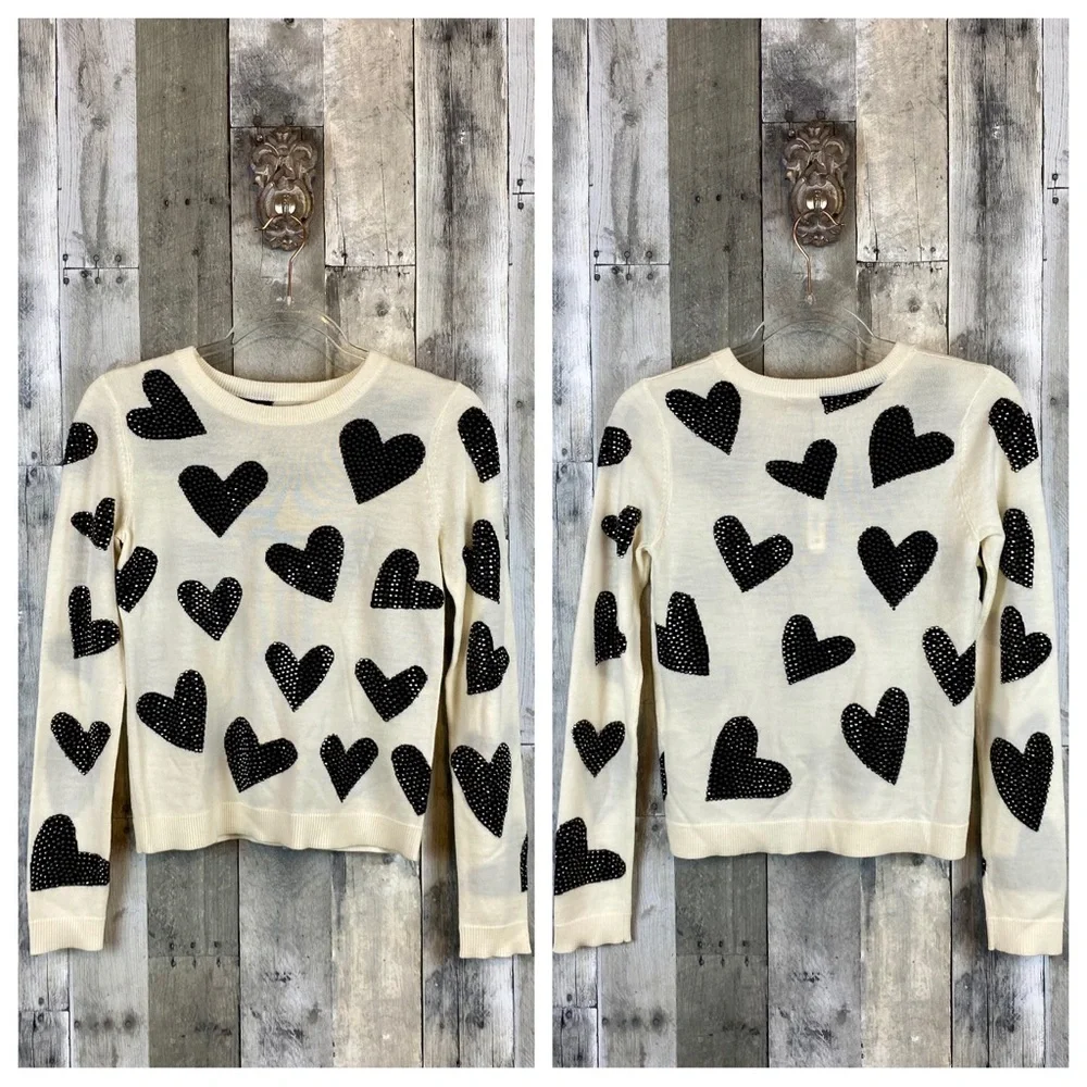 NWT Alice + Olivia Reinstone Hearts Wool Crewneck Sweater in Cream Black Size XS